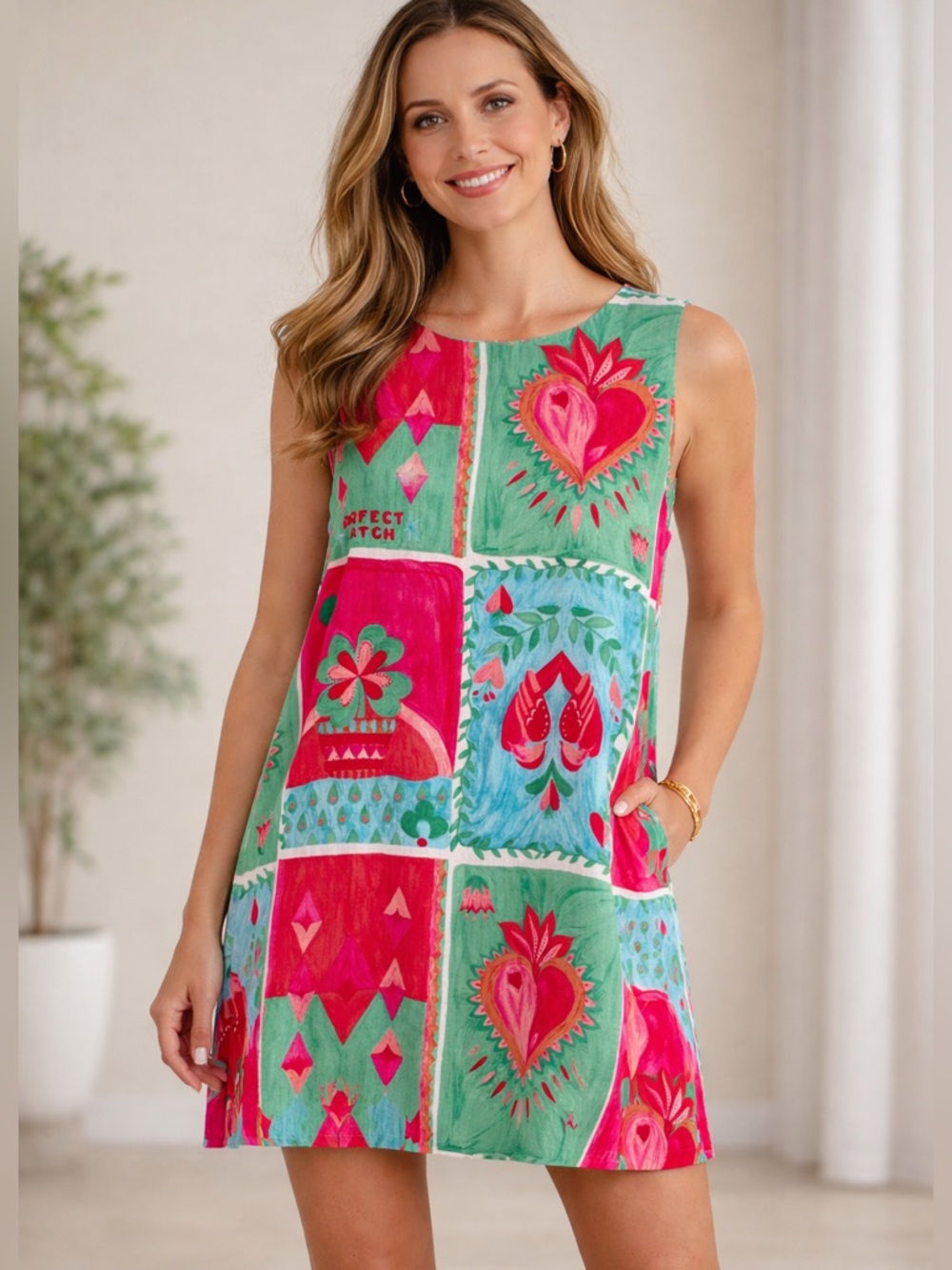 Vibrant Heart & Floral Print Mini Dress in Multi-Color